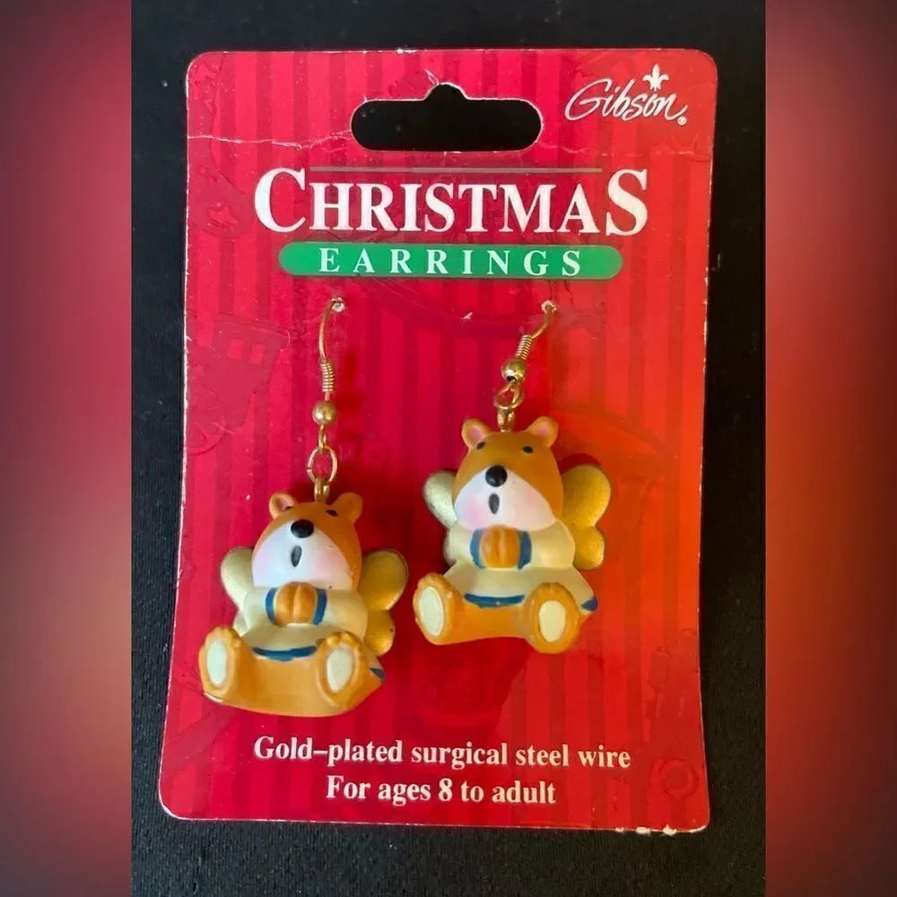 🎄❤️🎄 Vintage Small Resin Teddy Bear Angel Wings Earrings Christmas EPC